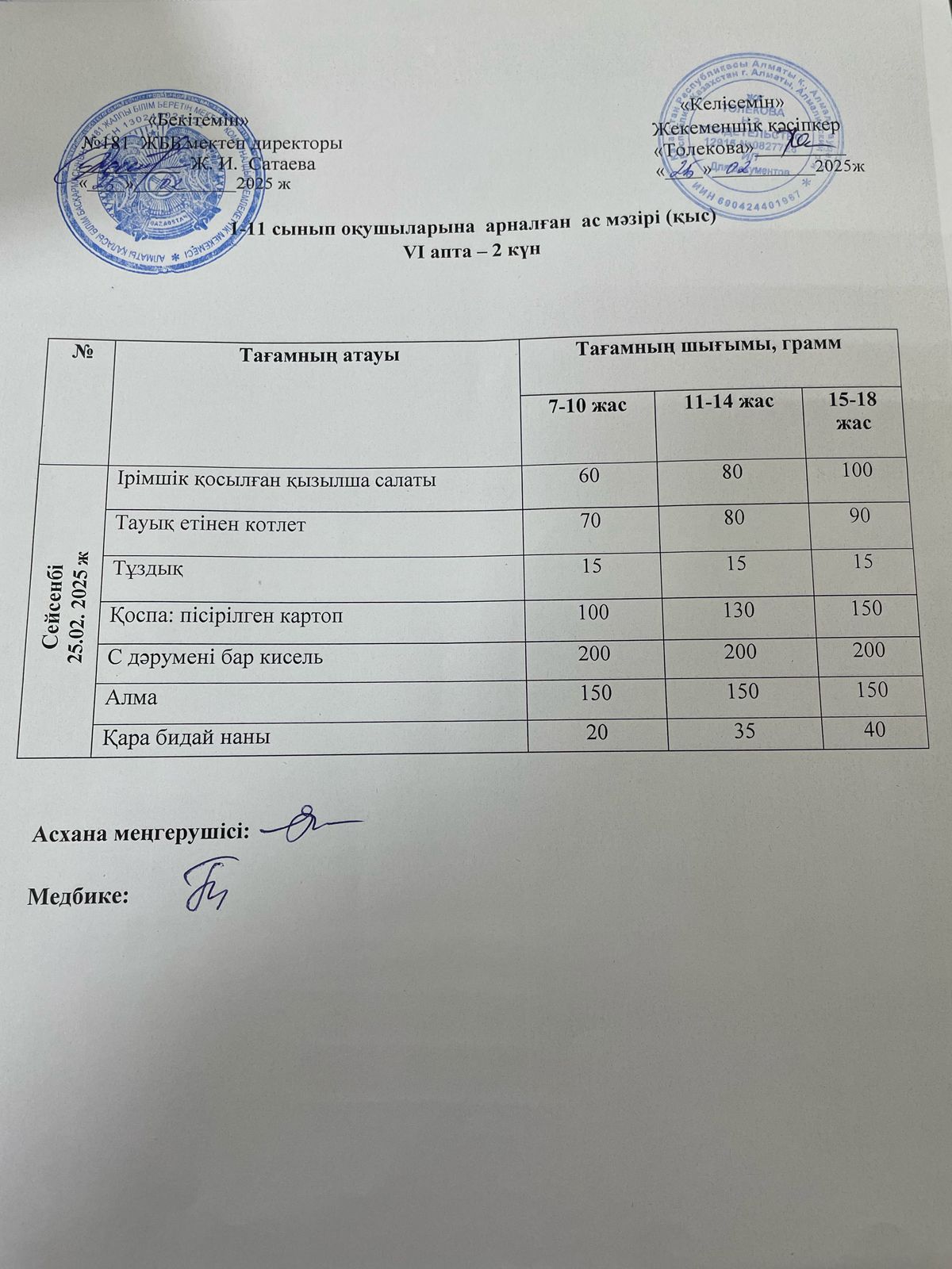 Ас мәзірі 25.02.2025