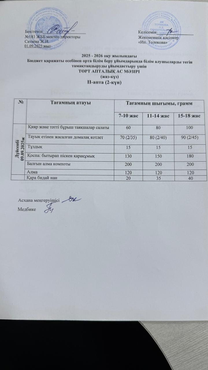 Ас мәзірі 09.09.2025 жыл