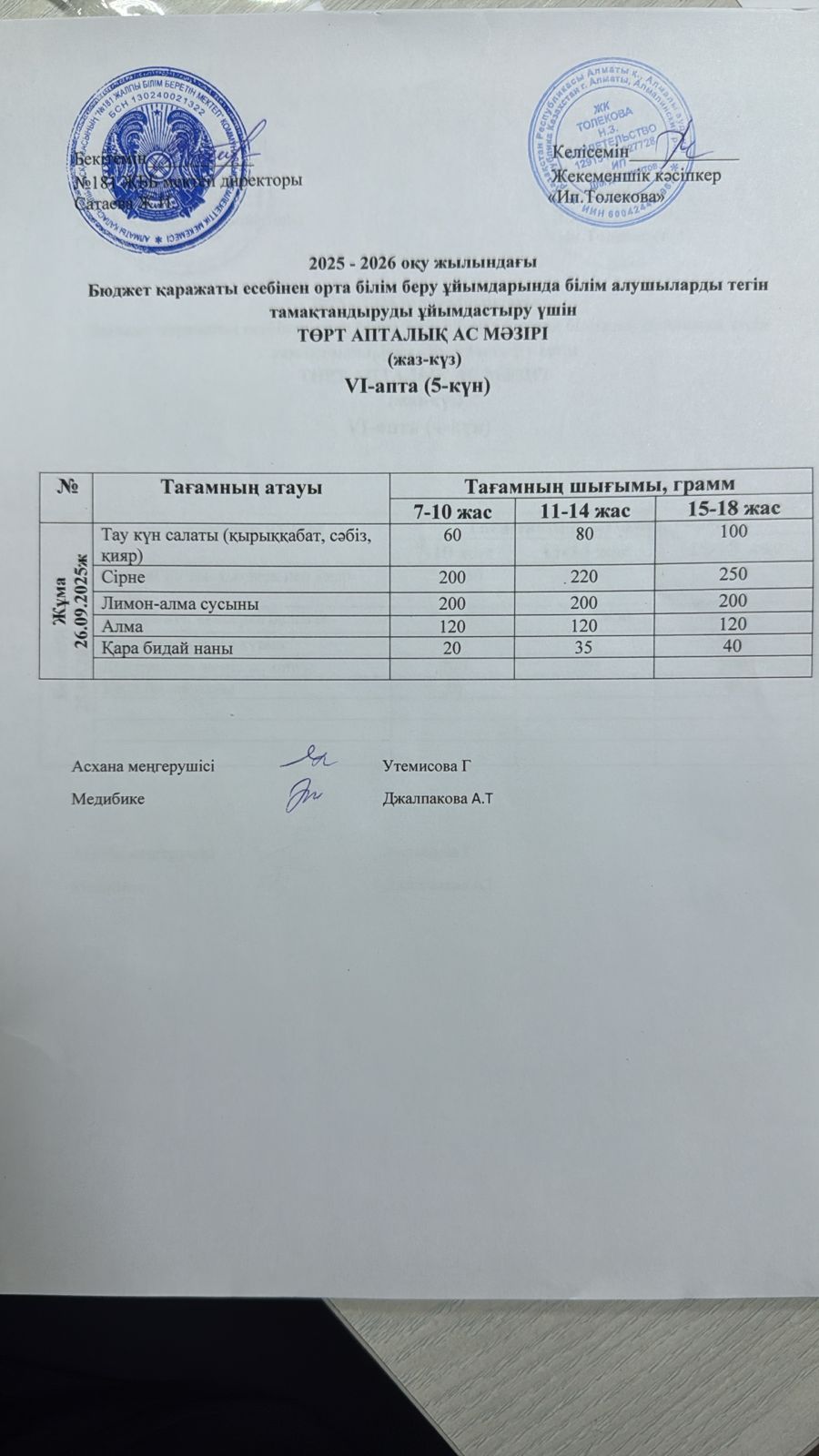 Ас мәзірі 26.09.2025 жыл
