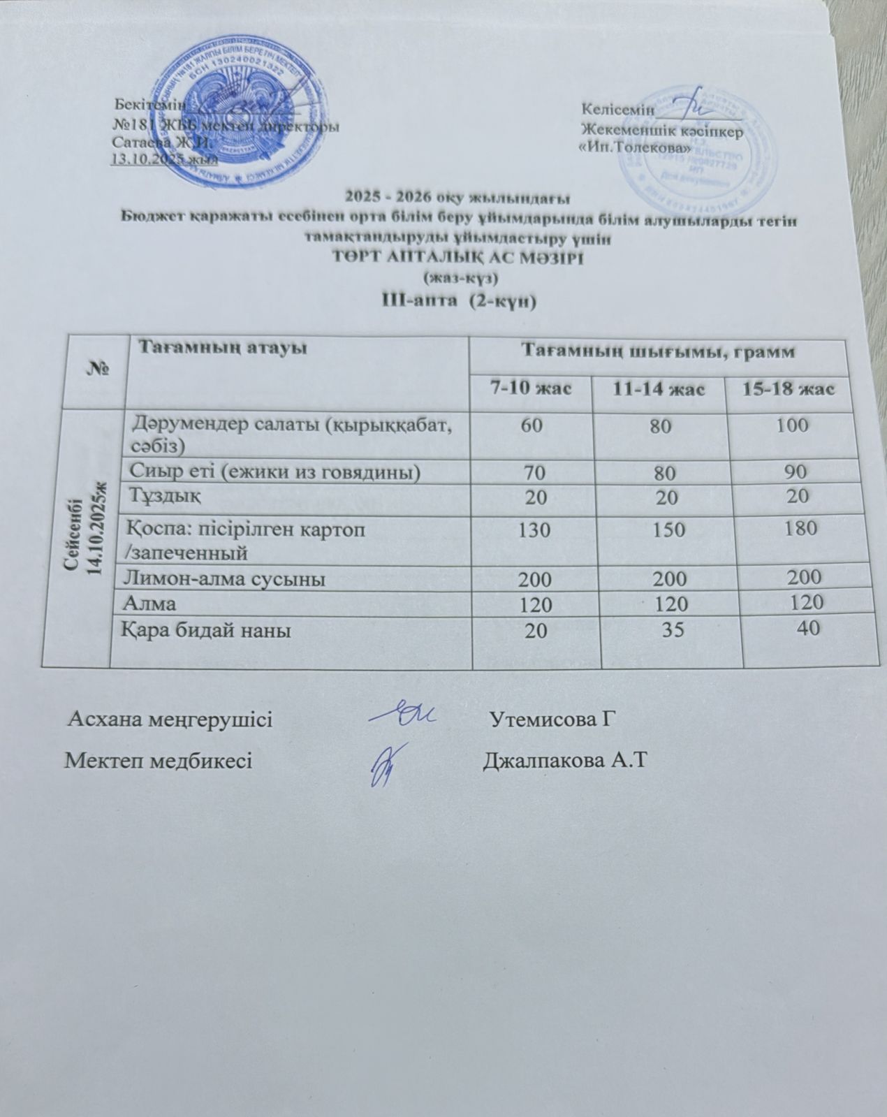 Ас мәзірі 14.10.2025 жыл