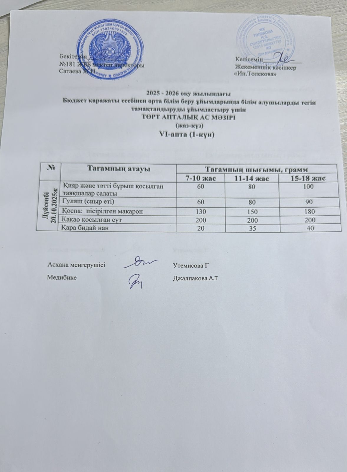 Ас мәзірі 20.10.2025 жыл