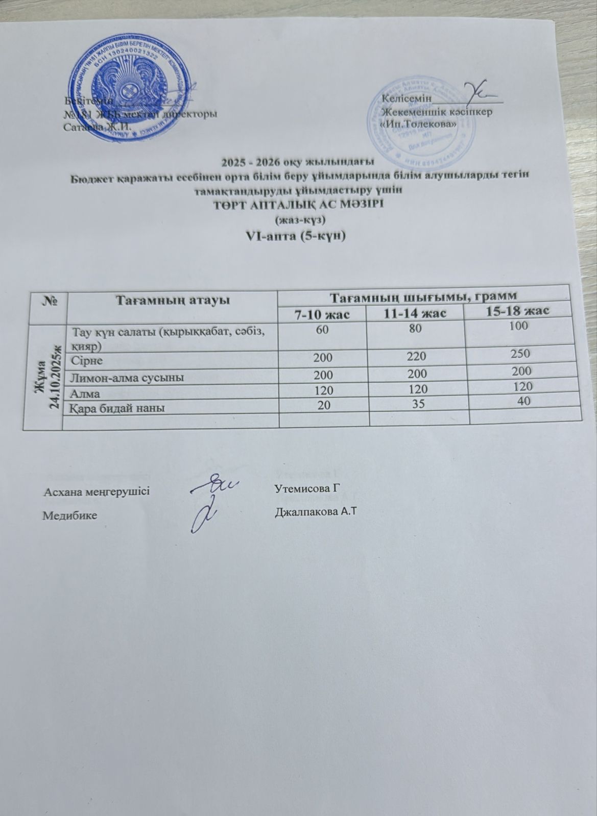 Ас мәзірі 24.10.2025 жыл