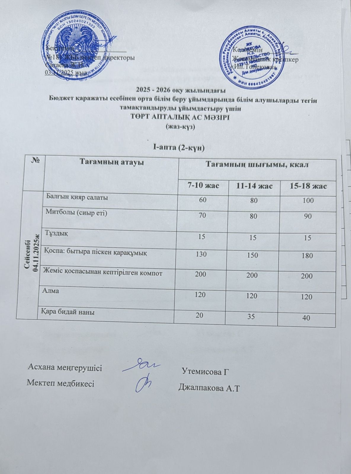 Ас мәзірі 04.11.2025 жыл