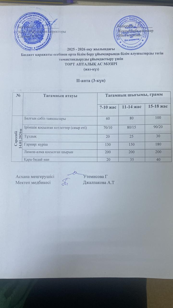 Ас мәзірі 14.01.2026
