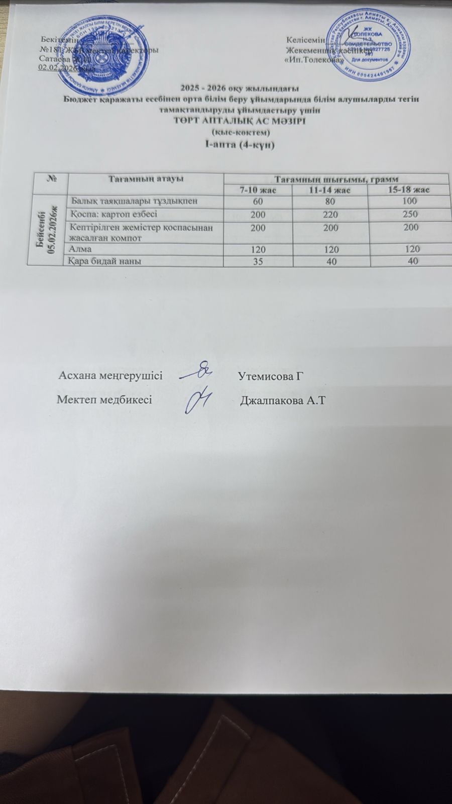 Ас мәзірі 05.02.2026