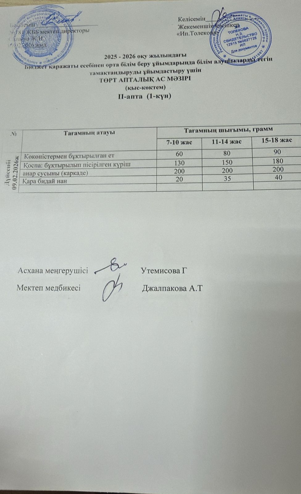 Ас мәзірі 09.02.2026