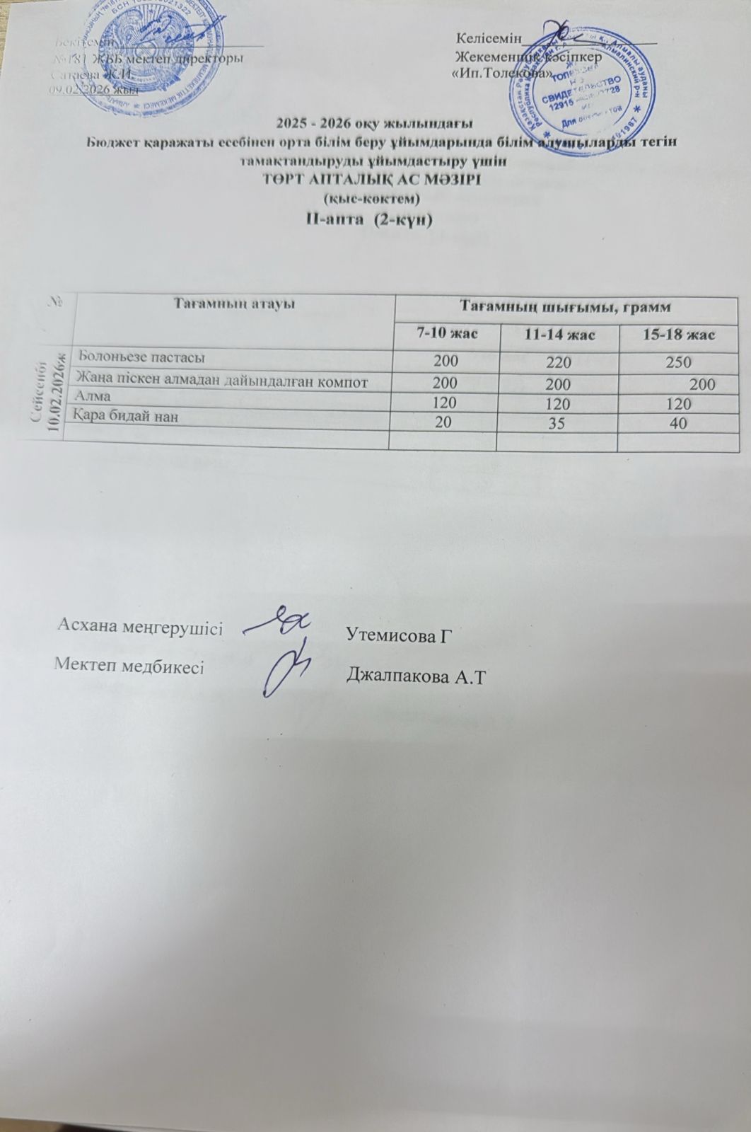 Ас мәзірі 10.02.2026