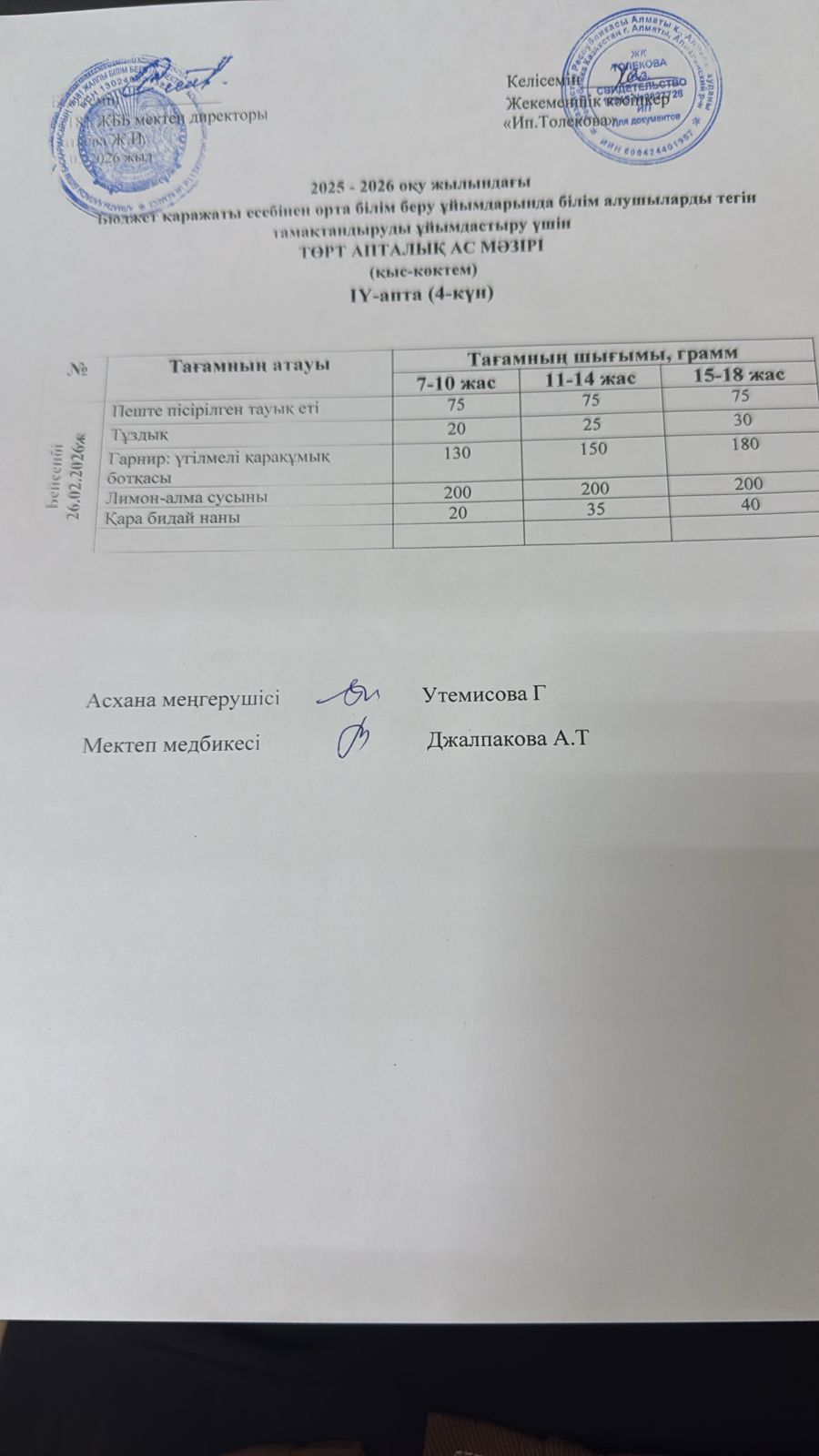 Ас мәзірі 26.02.2026