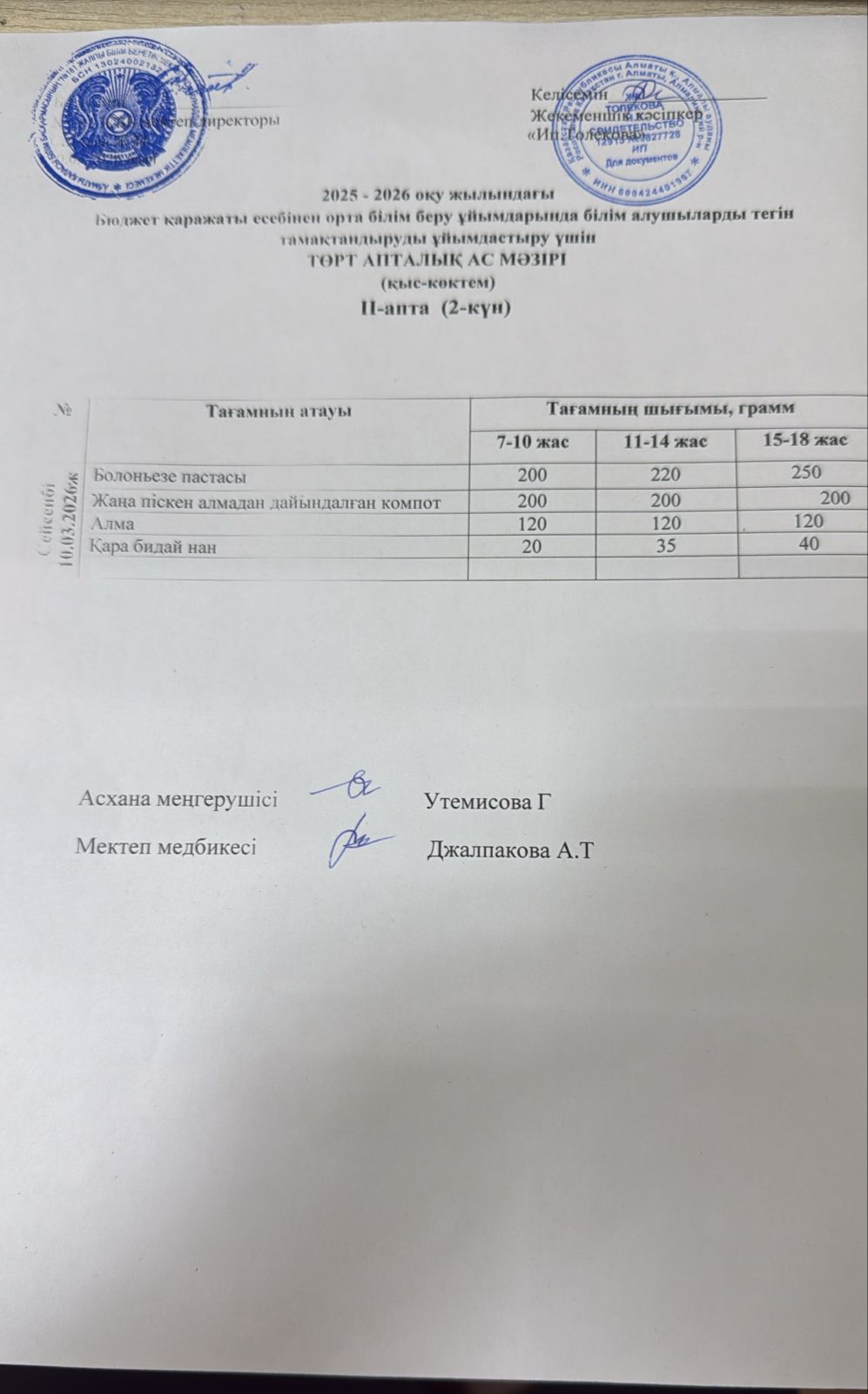 Ас мәзірі 10.03.2026 ж