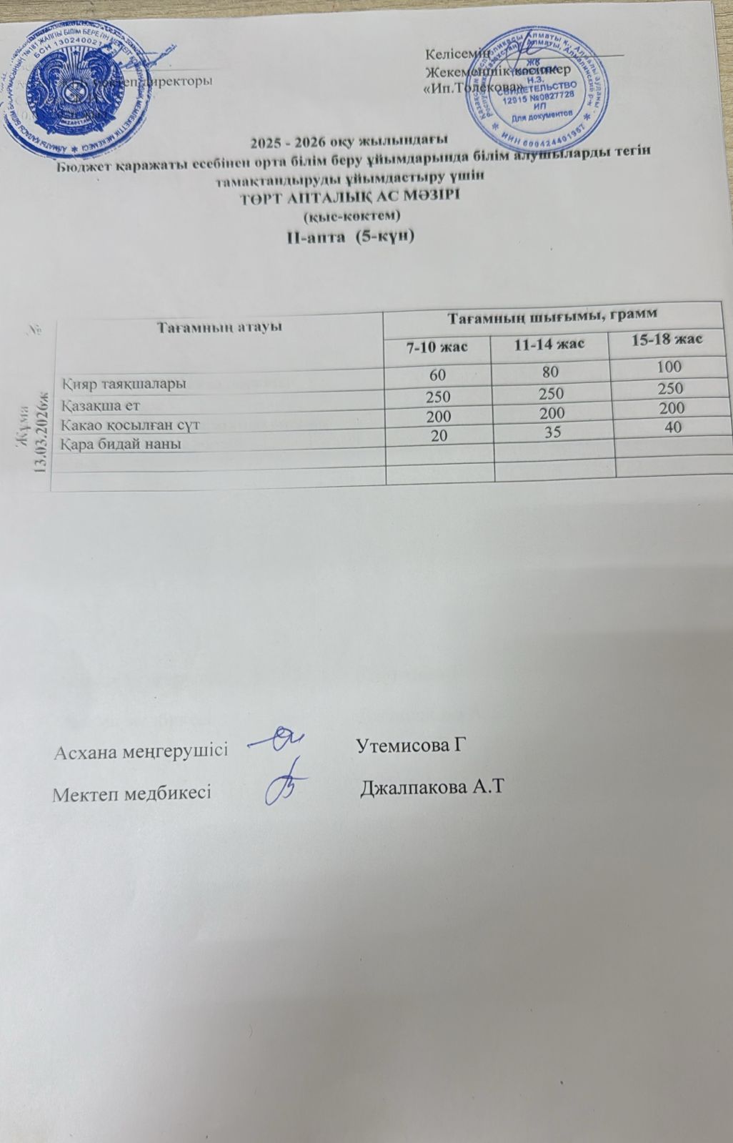 Ас мәзірі 13.03.2026 жыл