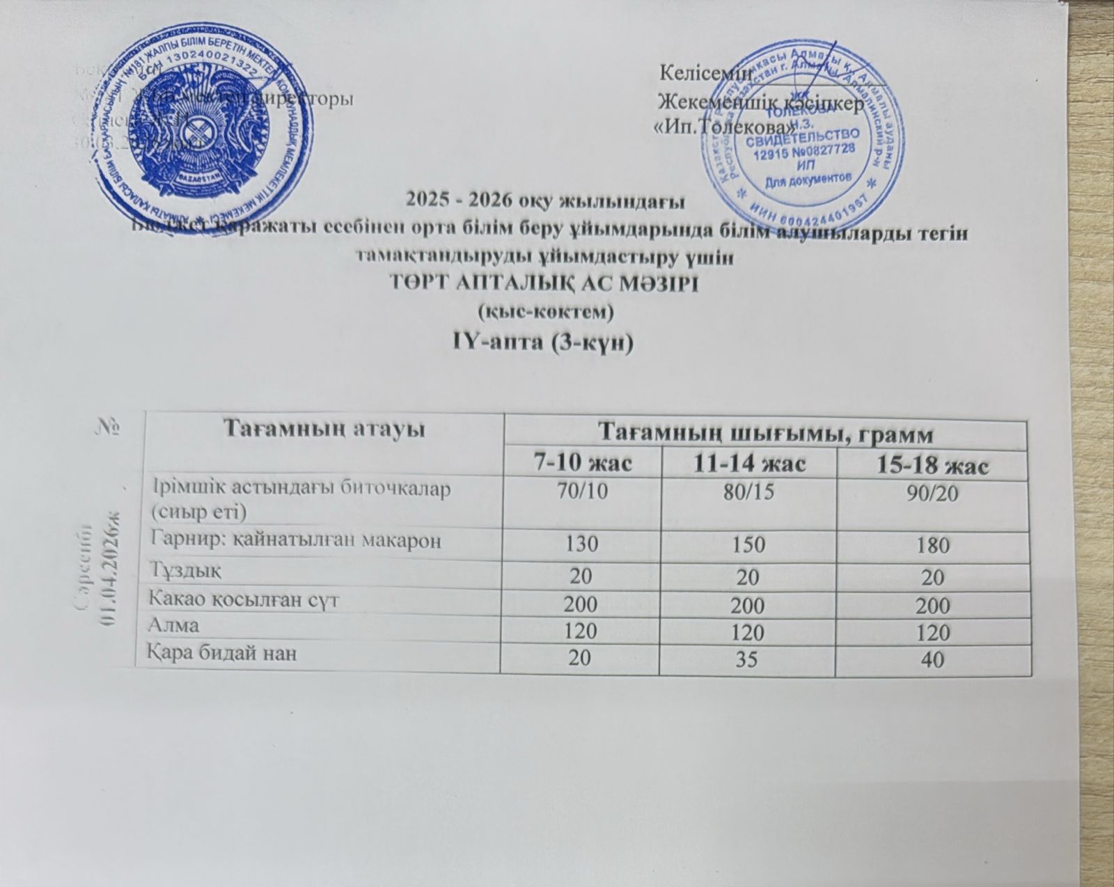 Ас мәзірі 01.04.2026 жыл