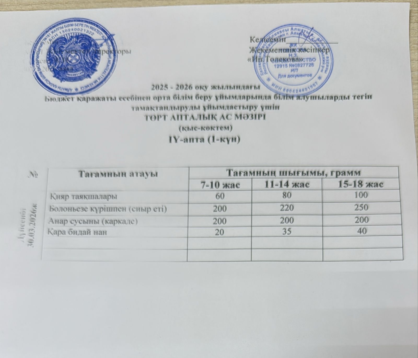 Ас мәзірі 30.03.2026 жыл